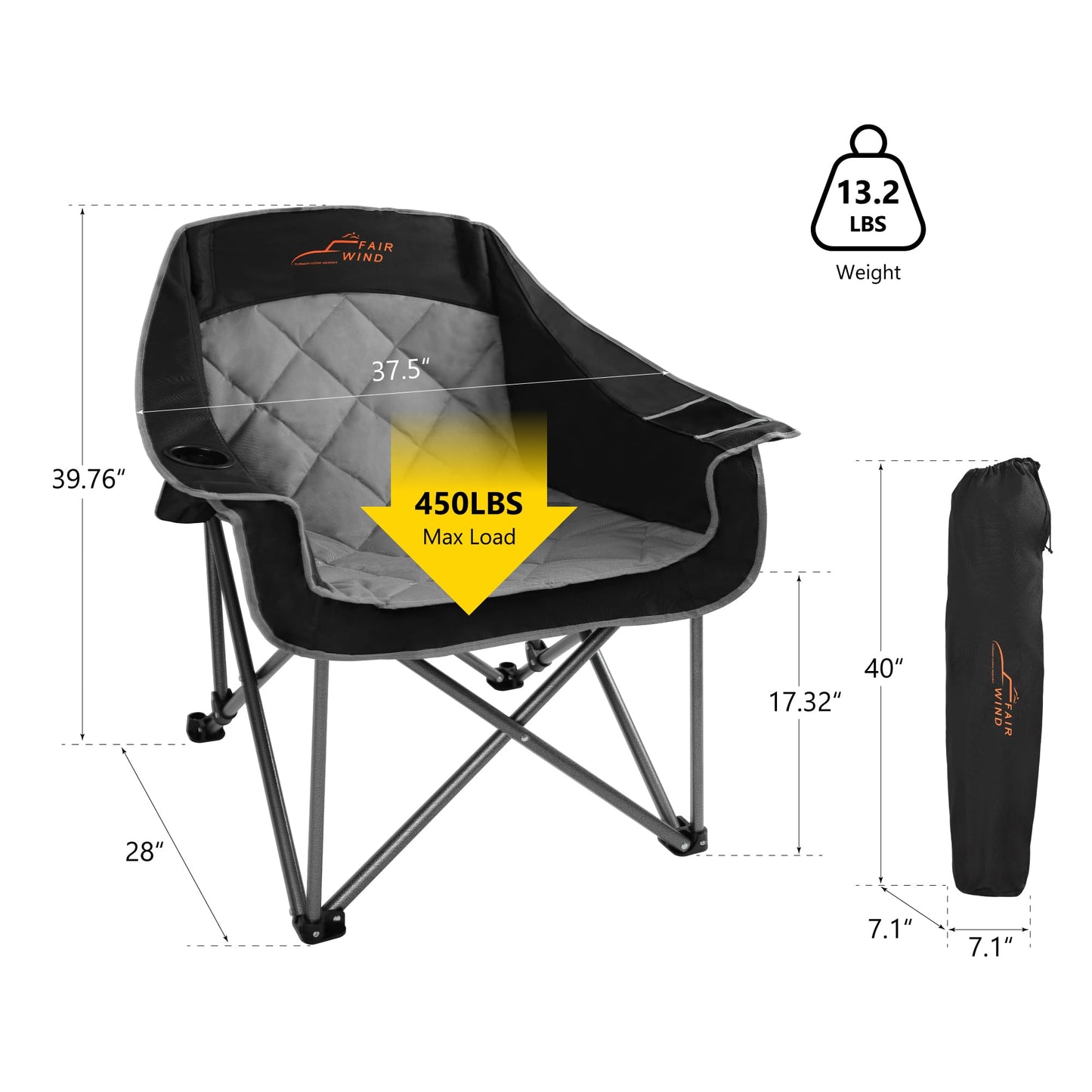FAIR WIND 2 Pack Oversized Padded Camping Chair Heavy Duty Quad Fold Arm Chair Portable for Outdoor - Support 450LBS, Black