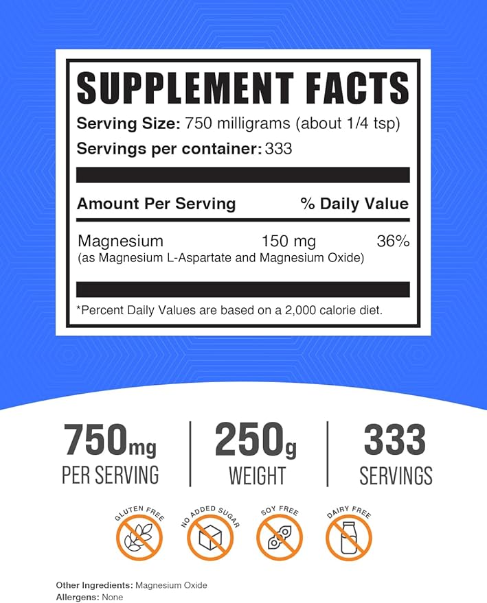BulkSupplements.com Magnesium L-Aspartate Powder - High Absorption Magnesium, Magnesium Aspartate Powder - Gluten Free, 750mg (150mg of Magnesium) per Serving, 250g (8.8 oz) (Pack of 1)