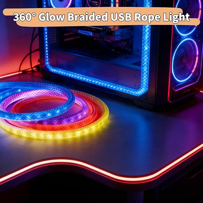 iNextStation 360° Glow USB Rope Lights 16.4FT RGB LED Lights, Braided Silicone Led Strip Lights, IP67 Waterproof, APP/Remote Control, Music Sync, Neon Lights Strip Color Changing for Outdoor/Indoor