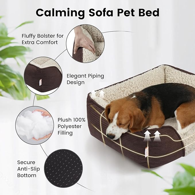 Miguel Washable Dog Bed with Removable Cushion for Small Dogs, Easy to Wash Pet Sofa Bed with Side, Rectangle Bolster Cat Bed Calming Cuddle Puppy Bed with Anti-Slip Bottom, Dark Brown 18 Inch