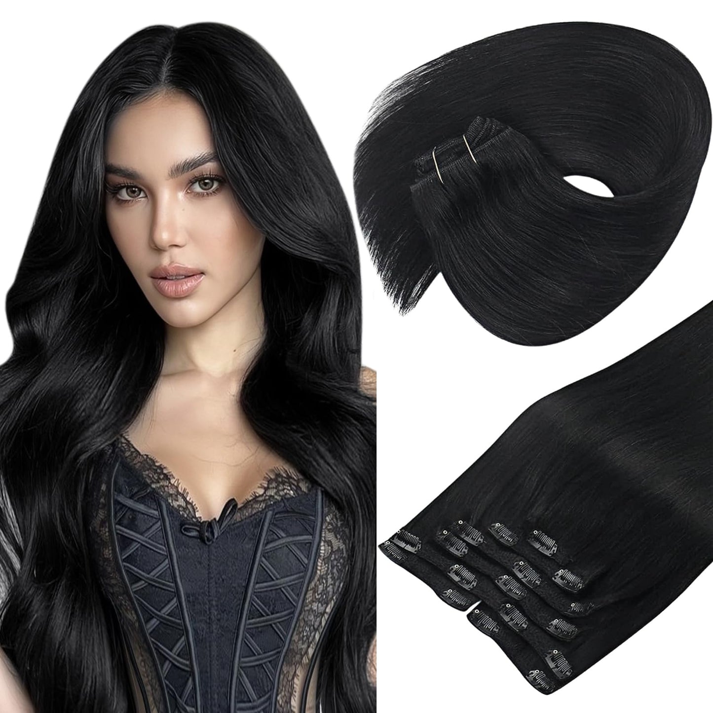 Sunny Black Clip in Hair Extensions Real Human Hair #1B Natural Black Clip in Human Hair Extensions Double Weft Human Hair Clip