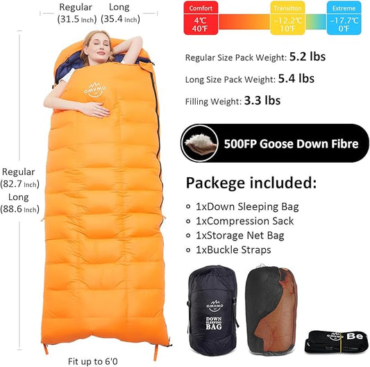 0 20 Degrees F Down Sleeping Bag for Adults,4 Season Cold Weather Rectangle Wearable Down Sleeping Bag for Camping Hiking,Can be Used as Blanket Quilt or Cloak,with Mesh Sack Buckle Strap