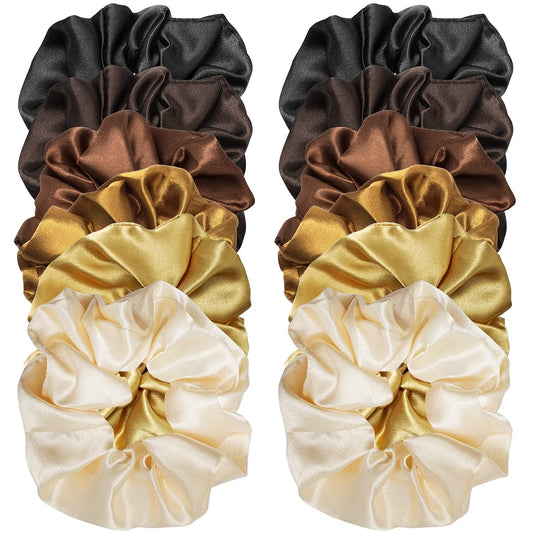 Cubaco 12 Pieces Satin Hair Scrunchies Elastic Hair Bobbles Scrunchy Hair Ties Ponytail Holder, 6 Colors (Natural)