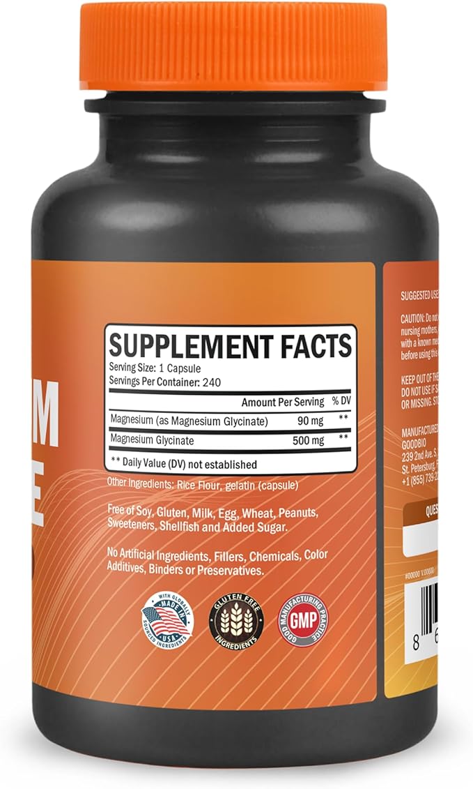 Magnesium Glycinate - High Absorption Magnesium Supplement 500mg Per Serving for Stress Relief, Sleep, Heart and Bone Health, Nerve Support - Non-GMO, Gluten-Free, Gentle on Stomach, 240 Capsules