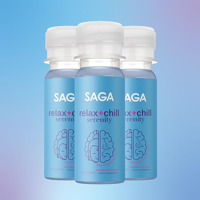 SAGA Organic Relaxation Shots | Contains Adaptogens & Mushrooms - Lion's Mane & Kava | High Bioavailability & Fast Onset | Elevate Mood & Reduce Fatigue | Strawberry Cucumber 2oz Shots (12-Pack)