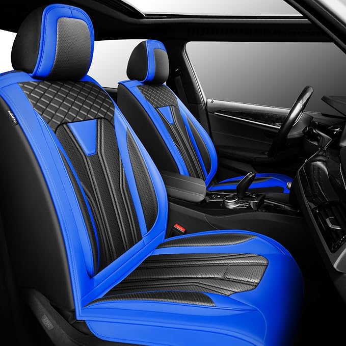 Fit Sentra Car Seat Covers Compatible with Nissan Sentra 2001-2025 2026 - Premium Leather， Waterproof Breathable， All-Weather Seat Cushion Protecto&Airbag Compatible (2 Front Seat Blue&Black)
