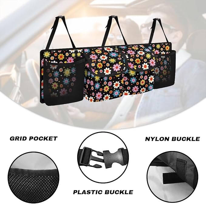 Colorful Hippie Flower Car Trunk Organizer and Storage, Large Capacity Backseat Hanging Storage with 4 Bag Car Accessories, Backseat Car Organizer Universal for Cars, Truck