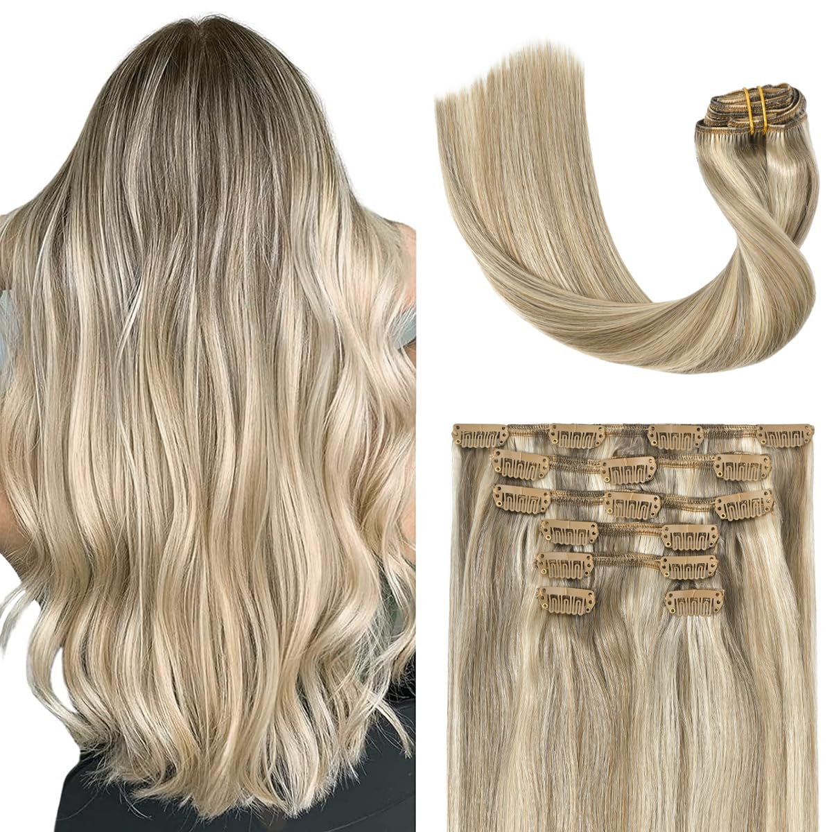 Ugotrays Blonde Clip In Hair Extensions Real Human Hair - 15 Inch 70G Ash Blonde Mixed Bleach Blonde Straight 7Pcs Double Weft -