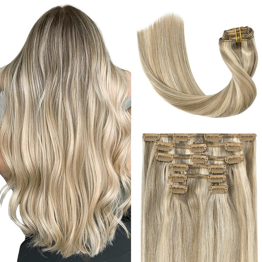 Ugotrays Blonde Clip In Hair Extensions Real Human Hair - 15 Inch 70G Ash Blonde Mixed Bleach Blonde Straight 7Pcs Double Weft -