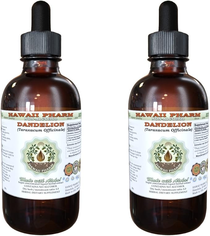 Dandelion Alcohol-Free Liquid Extract, Organic Dandelion (Taraxacum Officinale) Dried Leaf Glycerite Hawaii Pharm Natural Herbal Supplement 2x4 oz