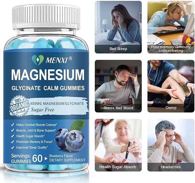 Magnesium Gummies 600mg per Serving-Magnesium Glycinate 400mg and Magnesium Malate 200mg,Sugar Free Magnesium Potassium Supplement for Calm Mood, Muscle, Bone & Energy Support,120 Blueberry Gummies