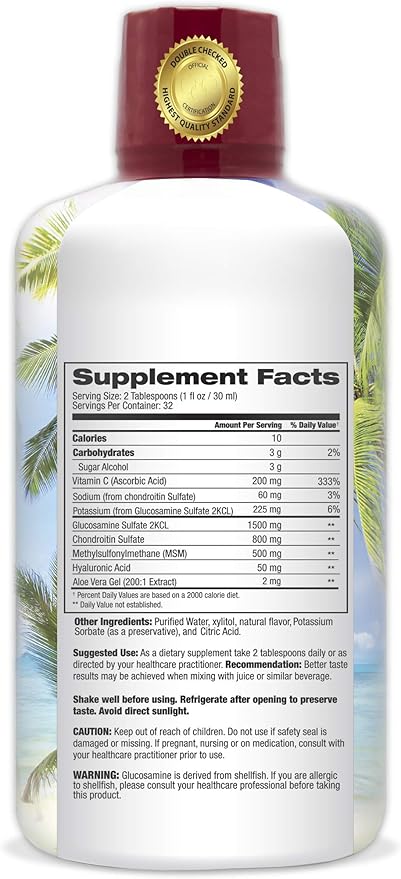 Tropical Oasis Joint Complete Premium - Liquid Joint Supplement with Liquid Glucosamine Sulfate, Chondroitin, MSM & Hyaluronic Acid - 96% Max Absorption– 32oz, 32 serv, 33484