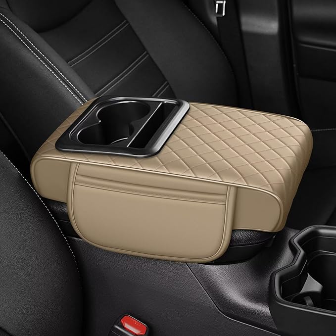 Center Console Cover Fit for Land Cruiser Faux Leather Car Armrest Cushion with Storage Bags, Cup Holder ＆ Phone Storage Multifunctional Middle Console Cover(Beige)