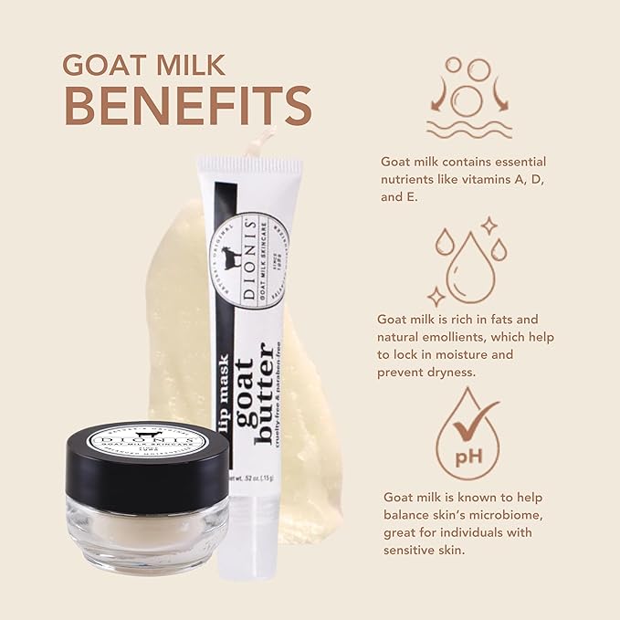 Dionis Goat Milk Lip Care Set – Original Sugar Lip Scrub & Overnight Mask + Vanilla Bean Overnight Lip Mask & Balm Duo for Deep Hydration and Chapped Lip Repair