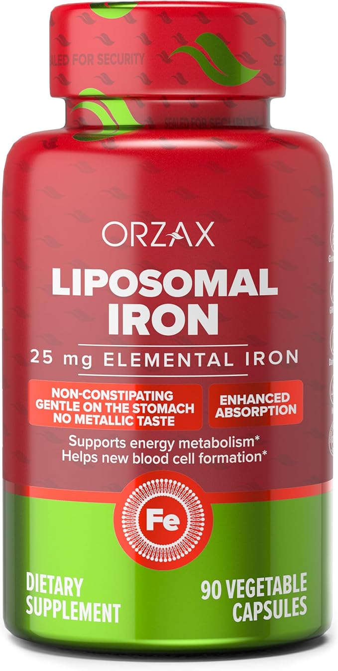 ORZAX Iron Supplement 25 mg -Liposomal Technology- High Bioavailability 90 Vegetable Capsules, Helps New Blood Cell Production, Non-Constipating, Non-GMO & Gluten Free, for Women, Men, Adults