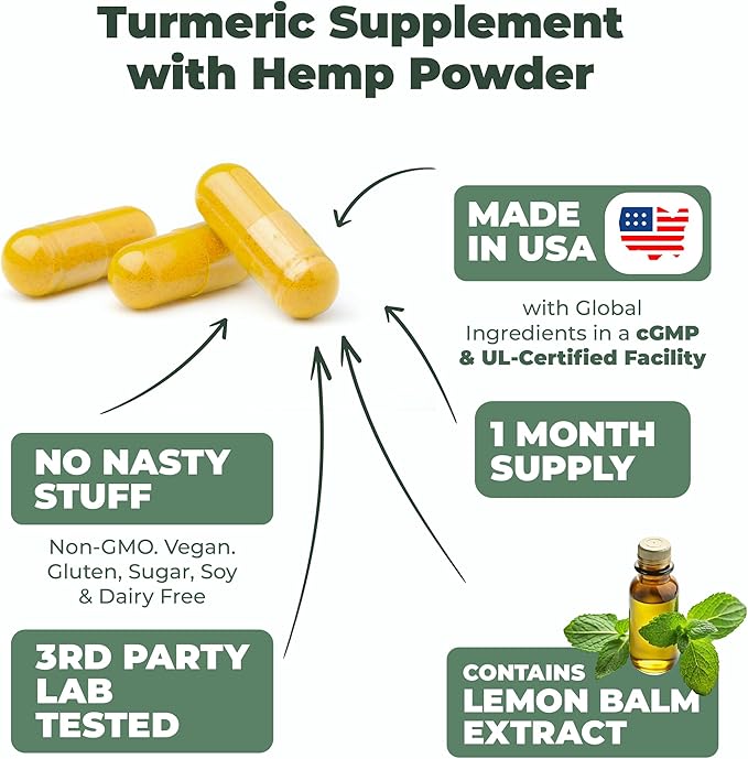 Turmeric Supplement and Hemp Capsules - Turmeric Curcumin with Black Pepper (Bioperine) for Joint, Sleep & Mood Support. Joint Supplements for Women & Men with Tumeric, Hemp & Lemon Balm. 60 Capsules