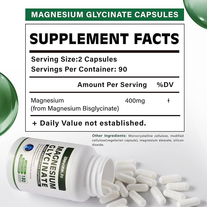 Magnesium Glycinate 400 MG per Serving 100% Chelated for High Absorption, Gentle On Stomach, Non-GMO, 180 Vegetarian Capsules