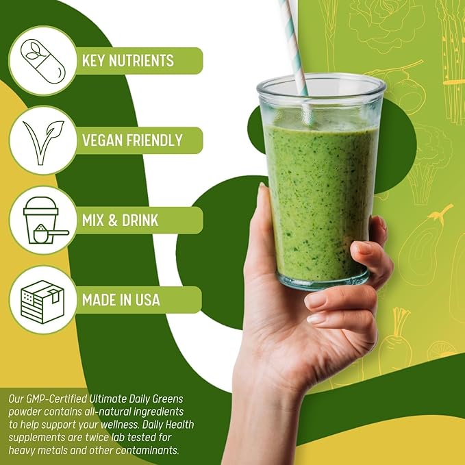 Ultimate Greens with MSM Powder, Vegan Friendly Natural Ingredients Gluten Soy Free NO GMO Superfood Vegetable Nutritional Drink Alkalizing Energy 8oz 6 Pack (6 Month Supply)