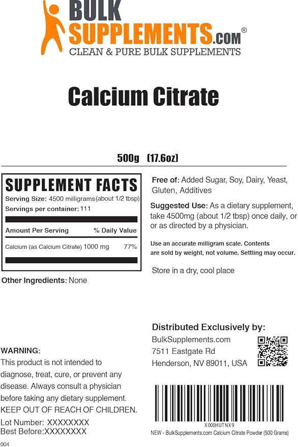 BulkSupplements.com Calcium Citrate Powder - Calcium Supplement, High Bioavailable - Unflavored & Gluten Free, 4.5g per Serving, 500g (1.1 lbs) (Pack of 1)