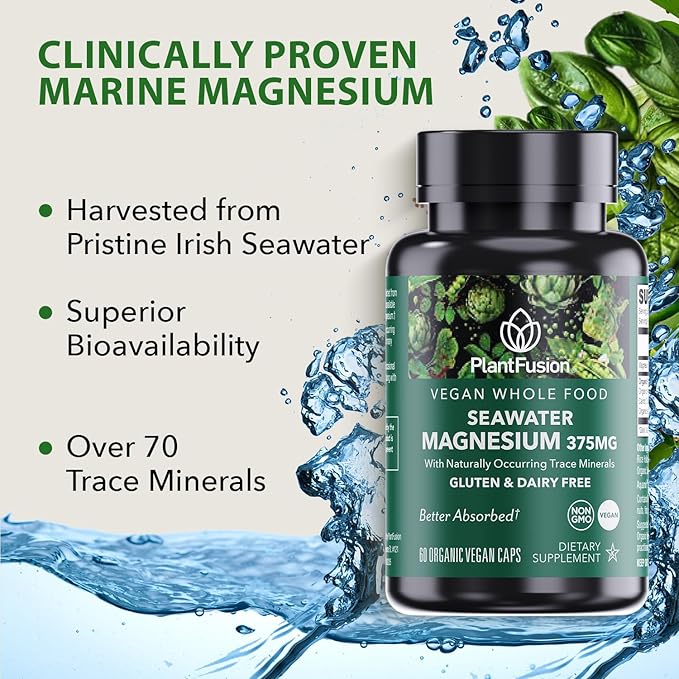 PlantFusion Vegan Magnesium Complex 375mg from Sea Water, Bioavailable Marine Magnesium with Fermented Organic Whole Food Blend, Non-GMO, Muscle & Relaxation Support, 120 Cap