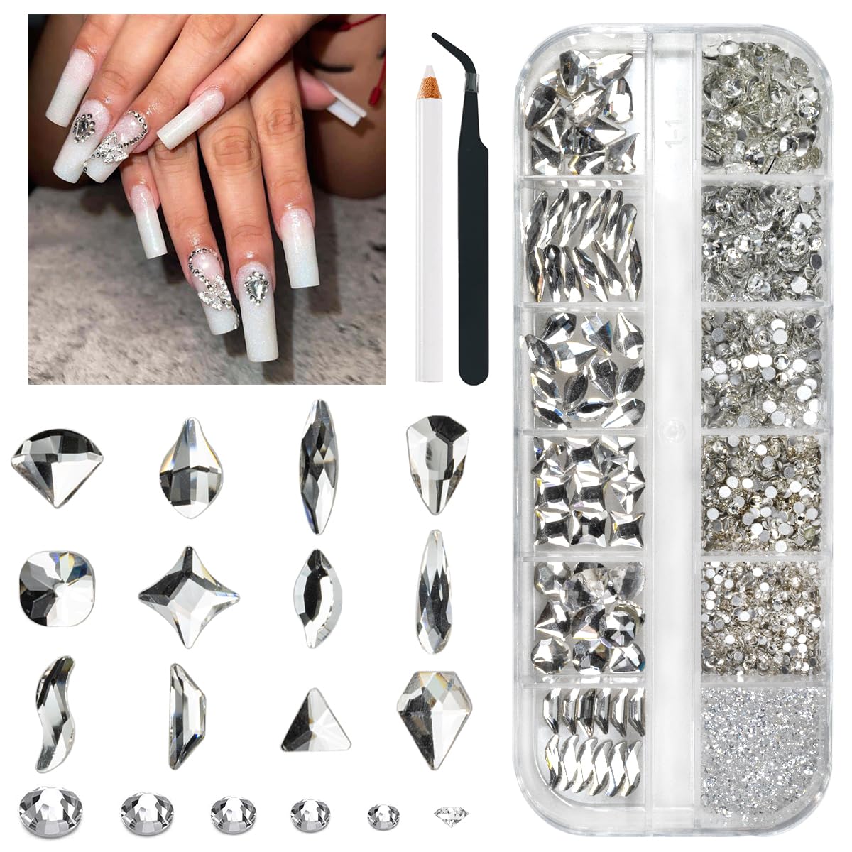 Qiipii 2052Pcs Crystal Clear Nail Rhinestones 72 Multi Shapes Crystal White Rhinestones For Nails Flatback Big Nail Gems +1980 K