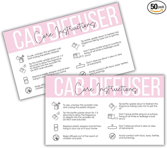 Car Oil Freshie Diffuser Care Freshie Instructions Cards | 50 pk 3.5x2” Hanging Oil Wood Top Aroma Air Freshener DIY Bulk Package Inserts Warning Labels Pink