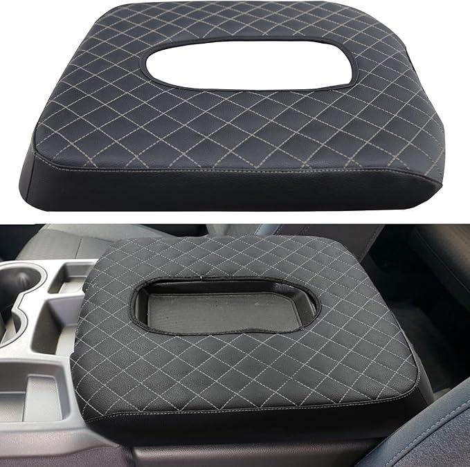Center Console Armrest Cover for Chevy Silverado/GMC Sierra Accessories 2019-2024 2025 Arm Rest Box Leather Protective Case Middle Console Lid Cushion Pad Only for Jump Seat (Gray Stitches)