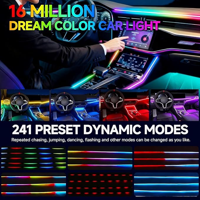 Interior Car LED Strip Lights, Acrylic LED Lights for Car with Dynamic Dreamcolor Chasing, 6 in 1 175 inches 593 LEDs Ambient Lighting Kits Music Sync Wireless APP and Remote Control