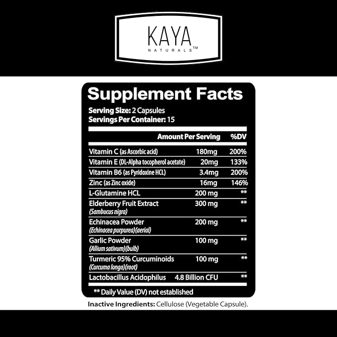Kaya Naturals Elderberry Immune Support | Vitamins with Zinc and Vitamin C for Adults, Probiotics & Turmeric 1000mg Immune System Booster Sambucus Capsules - 30 Count