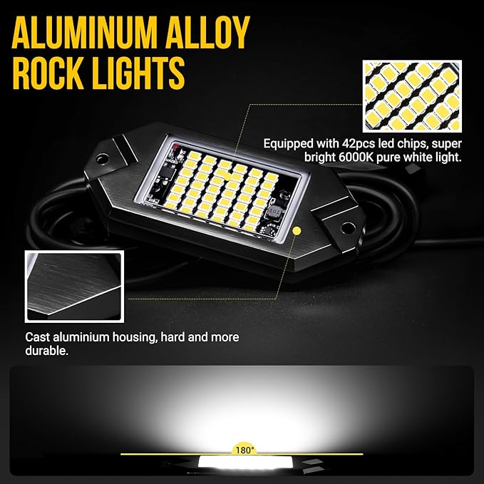 Hovano 16Pods Alloy White Rock Lights Kits with Extension Wires,6000K Pure White Color 42 LED Super Bright Chips IP68 Waterproof Underglow Kit for Pickup Off Road Trucks SUV ATV UTV Golf Car Boat