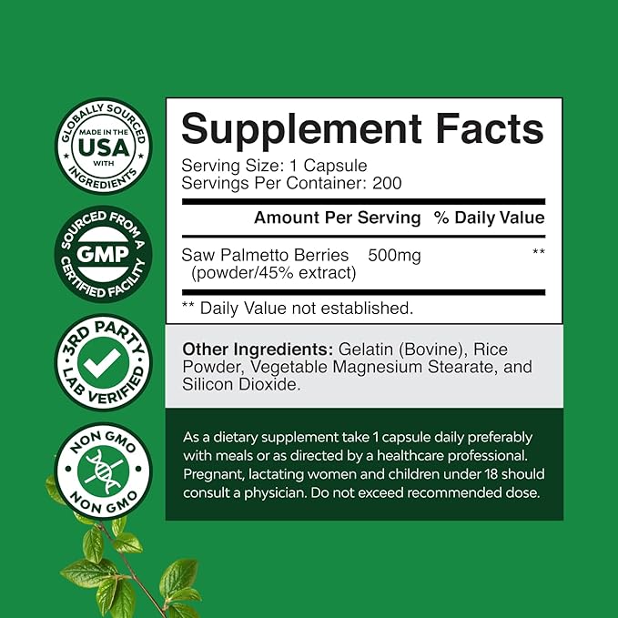 Extra Strength Saw Palmetto Extract - Advanced Herbal Complex for Hair Health and Urinary Support with Plant Sterols & Flavonoids - Potent Herbal Supplement with 500mg per Serving - 200 Capsules