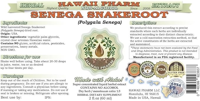 Senega Snakeroot Alcohol-Free Liquid Extract, Senega Snakeroot (Polygala Senega) Dried Root Glycerite Natural Herbal Supplement, Hawaii Pharm, USA 32 fl.oz