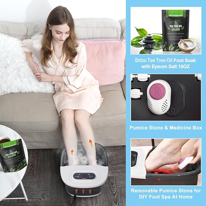 drizo Foot Spa Bath Massager with Heat, Vibration, Temp Control, Bubbles, Epsom Salt and Red Light,Foot Soaker with 22 Massage Rollers, Bath Massager for Relax,Gray