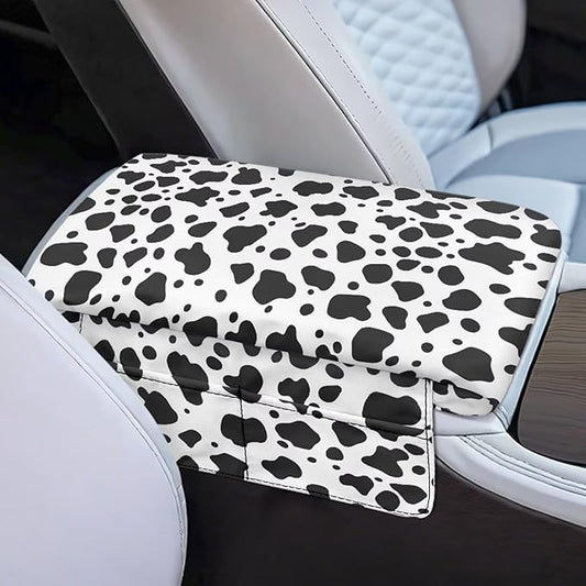 Tupalatus Black Cow Print Center Console Cover with Storage Pockets Car Center Console Replacement Easy Installation Armrest Pad for Cars Water-Resistant Fit for Most Cars, SUVs