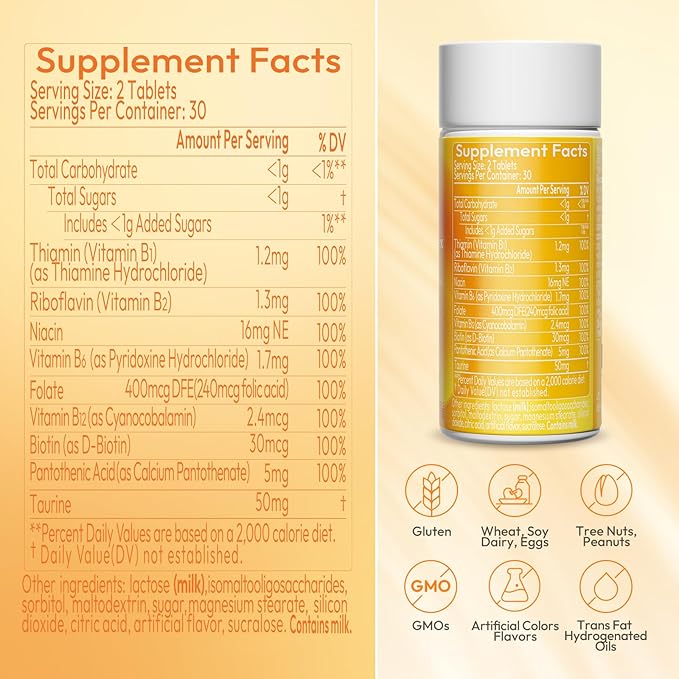 Vitamin B Complex with B1, B2, B3, B5, B6, B7, B9, B12 Taurine– Immune Support, Energy Metabolism and Nervous System – Super B-Complex with Blood Orange Powder – 120 Tablets for Men & Women