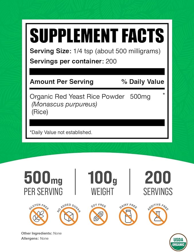 BulkSupplements.com Organic Red Yeast Rice Powder - Red Yeast Rice Supplement, for Heart Health - Vegan-Friendly, 500mg per Serving, 100g (3.5 oz) (Pack of 1)
