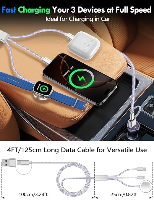 2 Pack Multi Charging Cable Cord for Travel Essentials,Apple Watch Charger,iPhone Charger,[3-in-2] Type C/L Cable Portable Designed for iWatch,iPhone 17-8,Galaxy S25-21,AirPods,iPad-4FT Purple