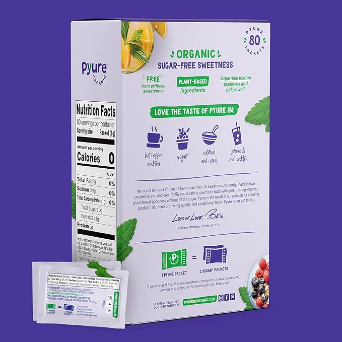 Pyure Organic Stevia Packets | Granulated Sugar Packets - White Sugar Substitute | Zero Carb, Zero Sugar, Zero Calorie Sweetener Packets | Plant-Based Stevia Packets for Keto Coffee | 40 Count