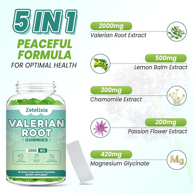 Organic Valerian Root Gummies, Natural Calm to Help Relaxation, Herbal Supplement for Mood Support, Melatonin Free, Non-GMO, Gluten Free, Vegan, Green Grape Flavor, 60 Count