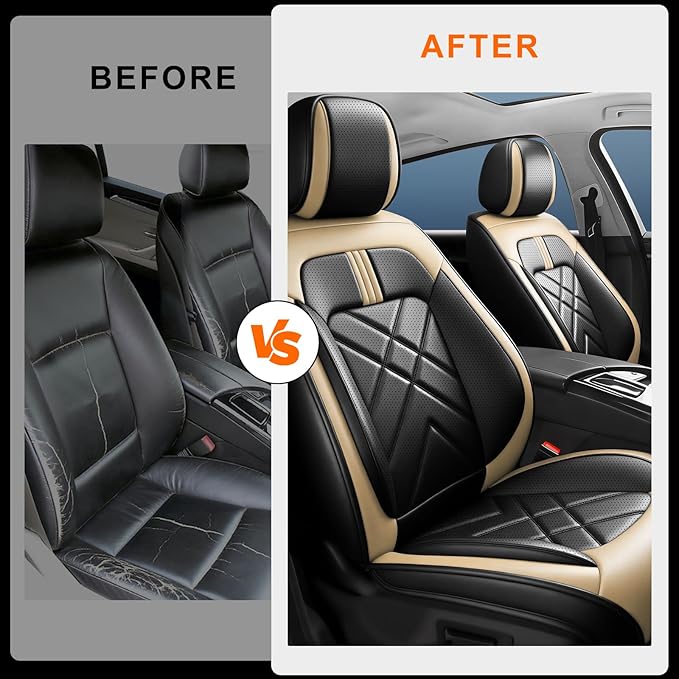CX-70 Car Seat Covers Fit for Mazda CX-70 2025-2026, Full Coverage Premium Leather Waterproof Breathable Seat Covers, Automotive Seat Protectors, Airbag Compatible(2 Front Seats, Black Beige)