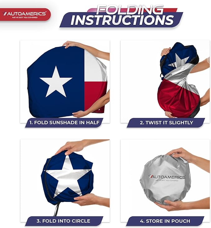 Autoamerics 1-Piece Windshield Sun Shade American Texas Flag USA Patriotic Design - Foldable Car Front Window Sunshade for Sedans SUV Truck - Blocks Max UV Rays and Keeps Your Vehicle Cool - Small