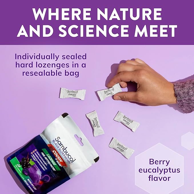 Sambucol Black Elderberry Cough Relief Lozenges - Cough Drops for Adults, Sambucus Elderberry Lozenges, with Ivy Leaf, Cough & Mucus Relief, Immune Support, Berry Eucalyptus - 24 Count, 1 Pack