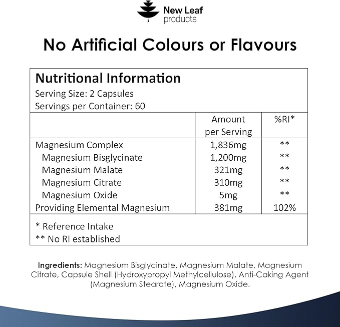 Magnesium Glycinate 4-in-1 Complex 2000mg - 449mg Elemental Magnesium High Strength Magnesium Supplements - Magnesium Bisglycinate,Citrate, Malate, Oxide - 120 Capsules - Vegan UK Made by New Leaf