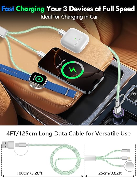 2Pack Multi Charging Cable Cord for Travel Essentials,Apple Watch Charger,iPhone Charger,[3-in-2] Type C/L Cable Portable Designed for iWatch,iPhone 17-8,Galaxy S25-21,AirPods,iPad-4FT Green