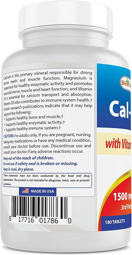 Best Naturals Calcium Magnesium with Vitamin D3 1500mg Serving 180 Tablets (180 Count (Pack of 2))