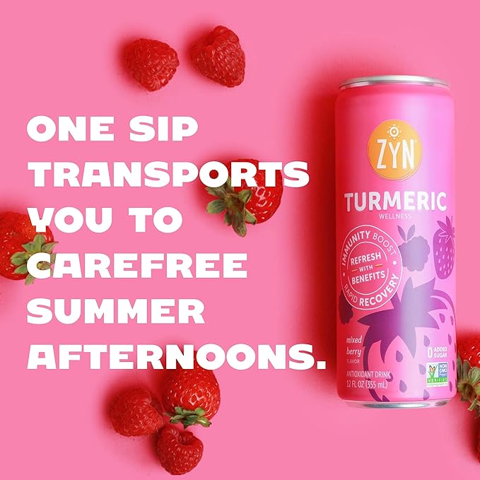 ZYN Turmeric Wellness Drink, Flavored Turmeric Drink, Turmeric Curcumin with Black Pepper, Low Calorie Healthy Energy Drink, Clean, Vegan Soda Alternative for Vitality, Variety Pack of 24