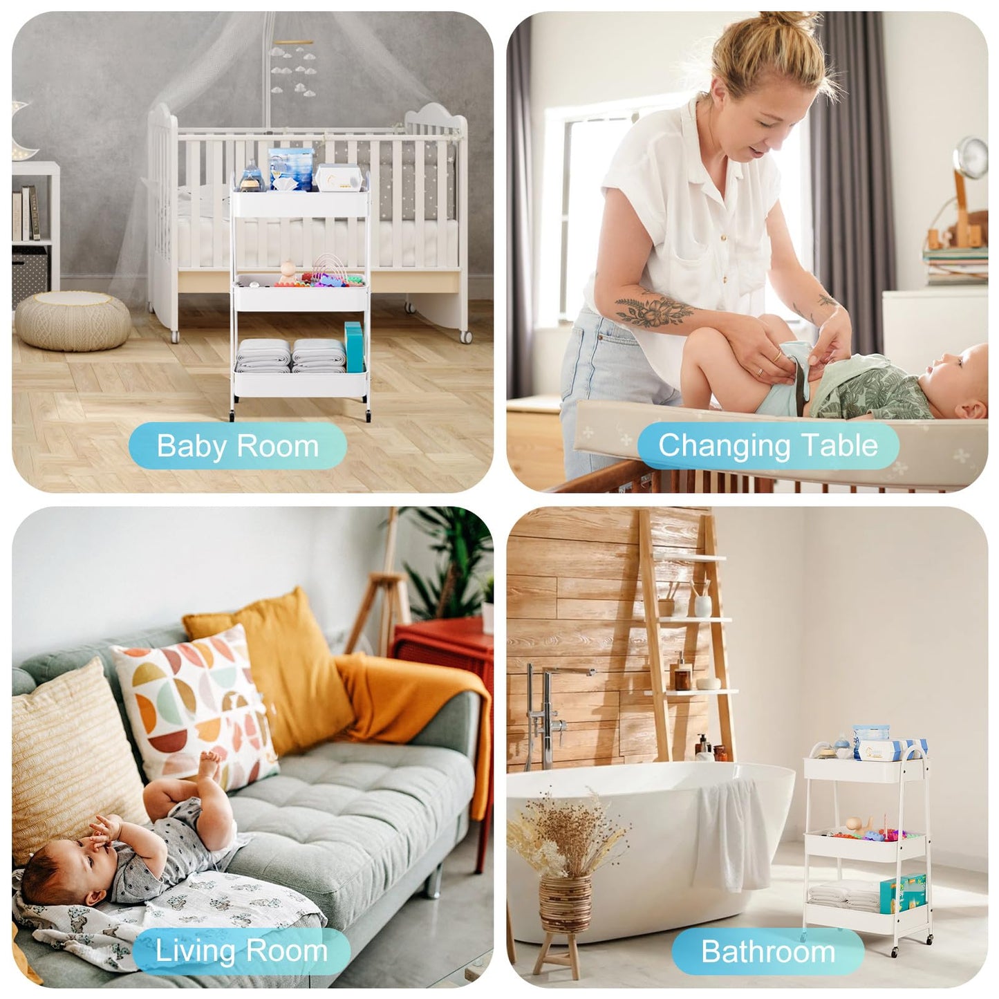 Volnamal Baby Diaper Caddy Organizer, Metal Utility Diaper Cart, Multifunction Essential Newborn Baby Registry Items, Movable Changing Station/Easy Assembly, White