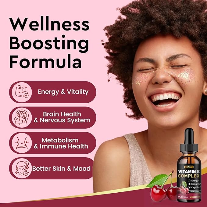 Vitamin B Complex Liquid Drops, B Vitamins Complex Supplement with B1, B2, B3, B5 B6, B7, B9 & Methyl B12 Drops for Adults & Kids, Vegan, Cherry Flavor