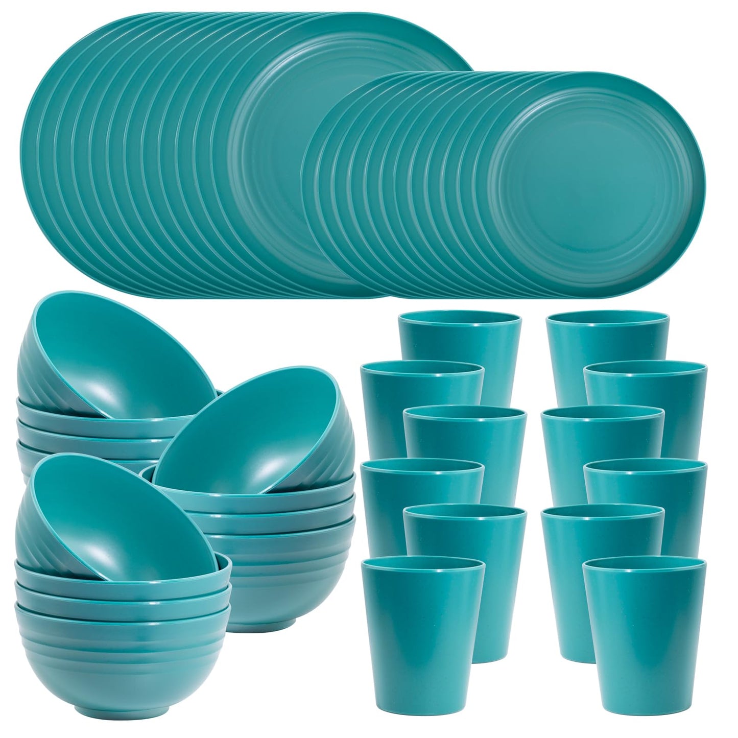 LIYH 48 Pcs Green Wheat Straw Plates and Bowls set - Plastic Dinnerware Set - Dishwasher Safe Camping Plates Dishes Set for 12, Unbreakable Wheat Straw Plate Bowls Reusable 12 Guests