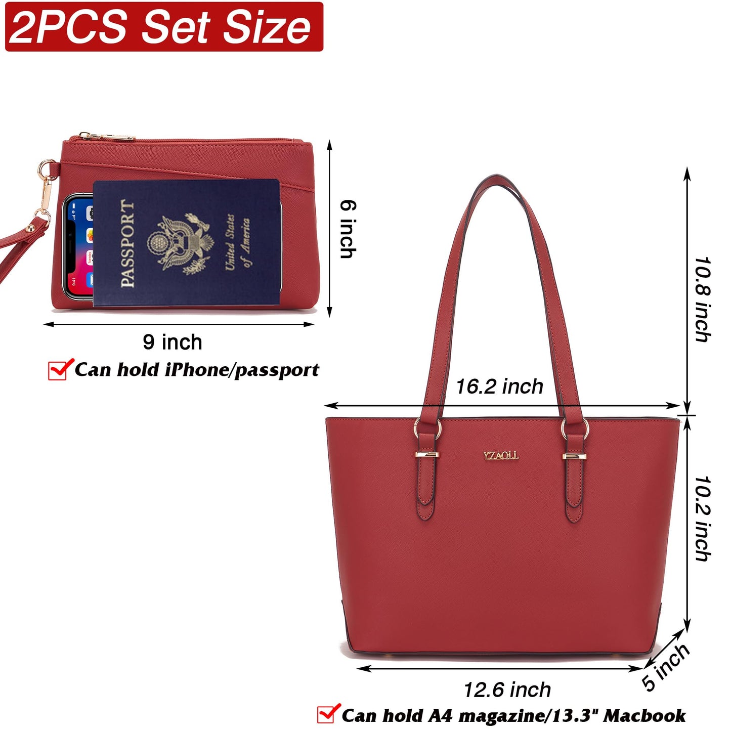Handbags for Women Shoulder Bags Tote Satchel With Matching Wrist Bag 2pcs Purse Set AnRed